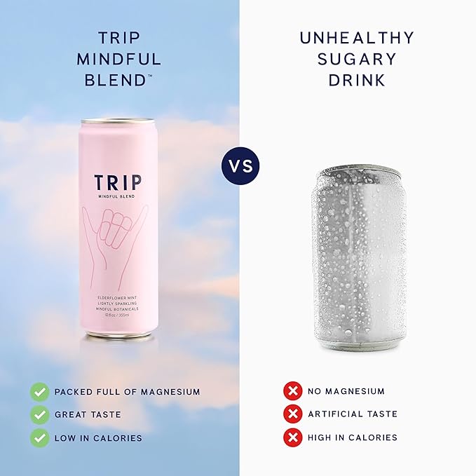 Trip Mindful Blend, Lightly Sparkling Adaptogen Seltzer, Mocktail w/ 120mg Magnesium Citrate with Ashwagandha, Lions Mane & L Theanine, No Added Sugar, Vegan, Elderflower Mint, 12 Oz, 12Pk