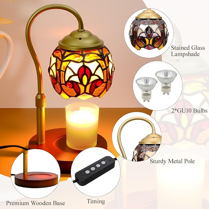 Tiffany Style Candle Warmer Lamp with Timer, Dimmable Stained Glass Candle Lamp Warmer, Birthday Gifts for Mom Women Friend Sister Baroque Wax Melt Warmer with 2 Bulbs for Home Deco