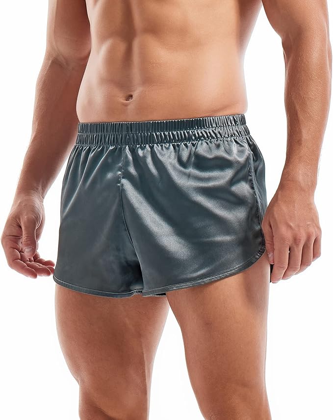 AMY COULEE Mens Satin Shorts Silk Boxers Sexy Split Side Lounge Shorts 3 Inch Pajama bottoms