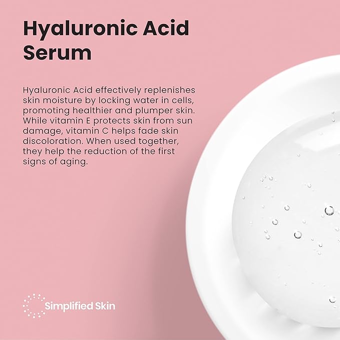 Simplified Skin Hyaluronic Acid Face Serum – Hydrating, Plumping & Youthful Skin - Anti-Aging Formula with Vitamin C, Jojoba Oil & Green Tea – 2 Fl Oz