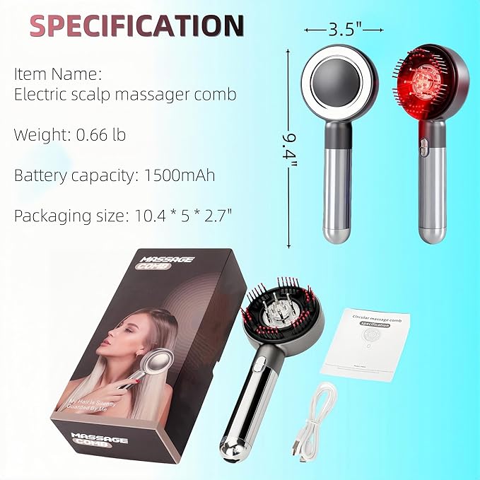 Multi Functional 3 in 1 Electric Scalp Massager Hair Growth, Red Light Therapy Scalp Massager with Oil Applicator, Portable Smart Scalp Hair Brush IPX7 Waterproof
