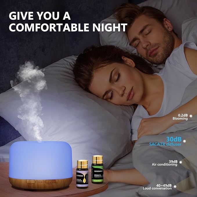 500ml Essential Oil Diffusers, Aromatherapy Diffuser with 2 Mist Mode 4 Timers&7 Ambient Light Waterless Auto Off for Diffusers Large Room Home Office(15x5mL)