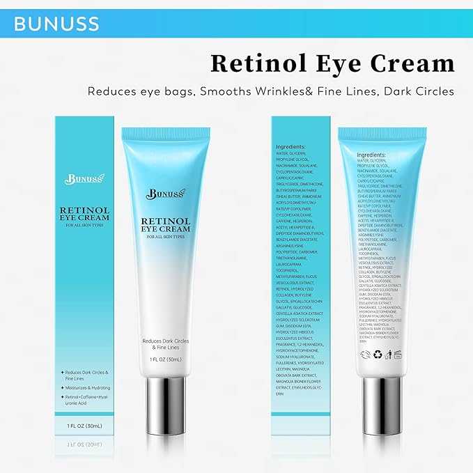 Retinol Eye Cream - Eye Cream for Dark Circles, Puffiness, Anti Aging, with Hyaluronic Acid, Peptides, Caffeine, Reduces Bags, Smooths Wrinkles & Fine Lines, Dark Circles Under Eye Treatment, 1 fl oz