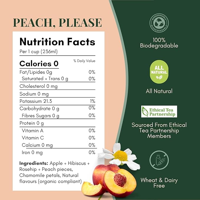 Tease Tea Peach Herbal Tea - Peach Please Caffeine Free Tea, Made with Organic Peaches, Hibiscus Flowers, and Rosehip, Hibiscus Tea Blend For Juicy Fresh Hydration And Glowing Skin