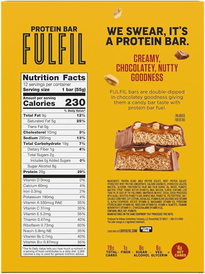 FULFIL Chocolate Peanut Butter Flavored Protein Bar Made with REESE's Peanut Butter, Gluten Free with 20g Protein, Pantry Staples, 12 Count
