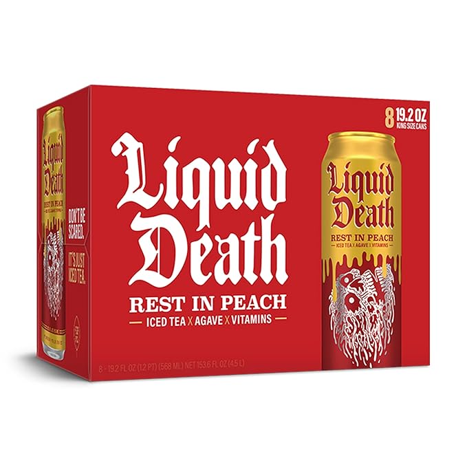 Liquid Death, Rest in Peach Iced Tea, 8-Pack (19.2oz Cans), Peach Flavored Back Tea, Low Calorie, No Artificial Sweeteners, B12 & B6 Vitamins