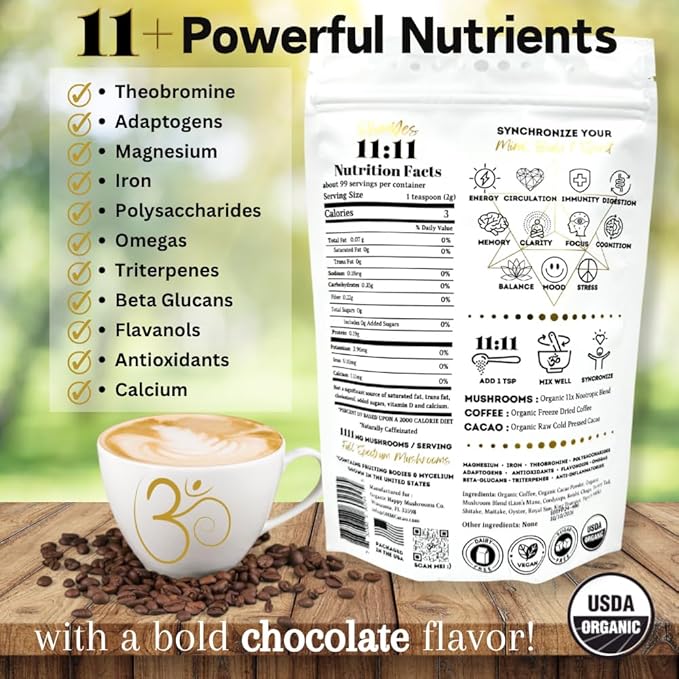 Ohmyes 11 Mushroom Coffee with Cacao – 11 USA Grown Adaptogenic Mushrooms for Focus, Clarity & Energy – Lion’s Mane, Reishi, Chaga + Nootropic Organic Superfood by OhmYes (7oz) - 99 Servings