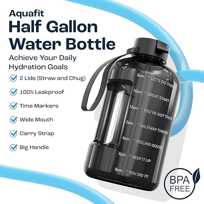 AQUAFIT Half Gallon Water Bottle with Time Marker - Straw & Chug Lid - BPA Free Gym Water Bottle with Straw - Big Gallon Jug (Midnight Gray, 64 oz - 2 Lids)