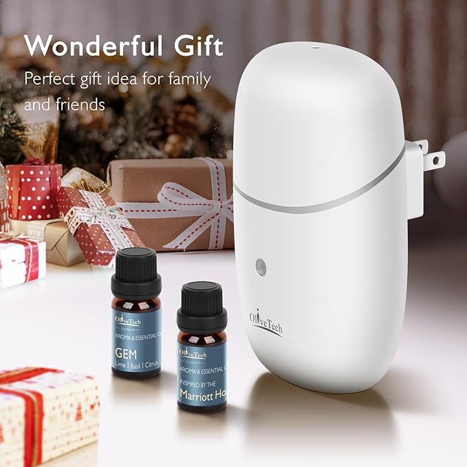 Plug in Waterless Diffuser, OliveTech Cold Air Scent Diffuser, Hotel Collection Aromatherapy Fragrance Diffuser for Home & Office, Includes 2x10ml Essential Oils