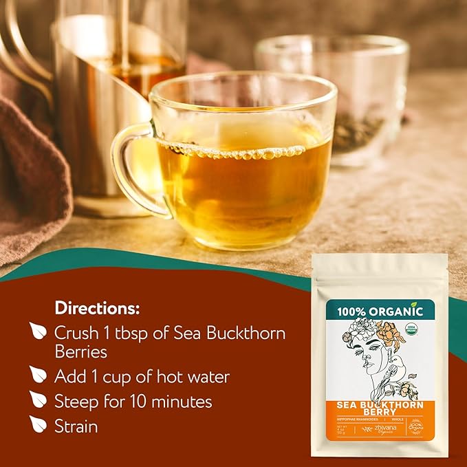 Organic Sea Buckthorn Berry โ Sea Buckthorn Tea, Dried Seaberry, Seabuckthorn โ Espino Amarillo โ Rich in Nutrients Superfood Berries for Immunity, Heart, Digestion, Liver, Skin โ 4 Ounces