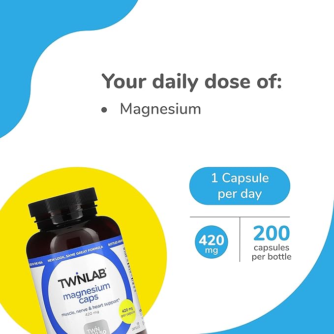 Twinlab Magnesium Caps - High Absorption Magnesium Supplement to Support Leg Cramps Relief - Magnesium Capsules for Stress Relief, 420 mg, 200 Count, 2 Pack