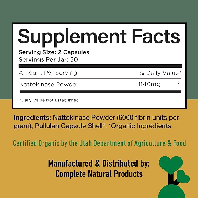 Complete Natural Products Nattokinase Capsules - 100 Count 570Mg 6000Fu'S, Support Healthy Circulation, Natto Enzymes, Gluten Free, Pure Soy Enzyme, Vegan, Non-GMO