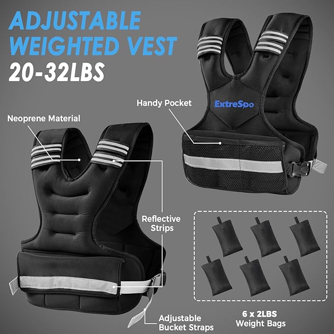 Adjustable Weighted Vest for Women and Men, 4-10lb/11-20lb/20-32lb Weight Vest with 6 Ironsand Weights, Body Weight Vest Exercise Set with Reflective Strip for Strength Training and Workout