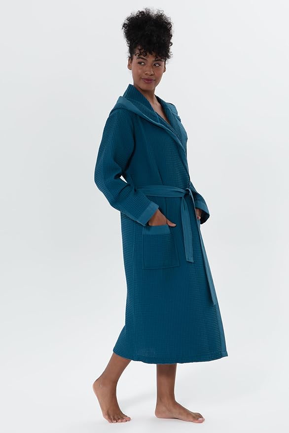 SEYANTE Women’s Luxury Waffle Shawl Collar, Hooded Robe w Piping – Lightweight, Long, Ultra Soft Spa Sleepwear Bathrobe