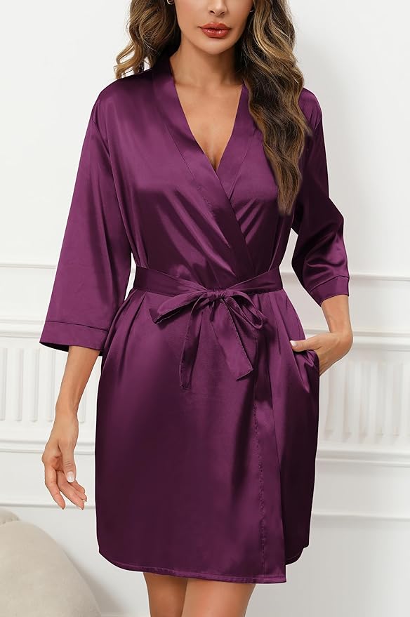 Samring Women's Bride Bridesmaids Robe Short Satin Kimono Robes for Wedding & Bridal Party Silk Bathrobes for Women