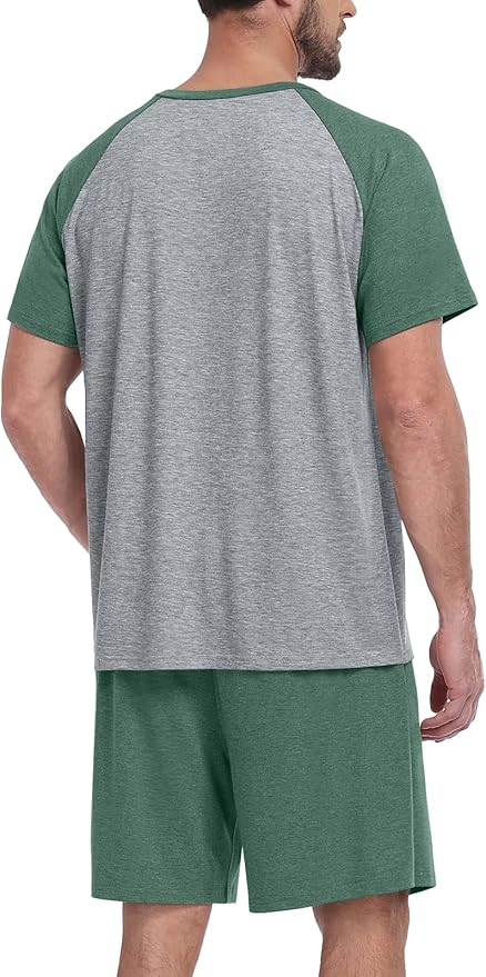 Mens Pajama Set Summer Pjs Sleepwear Lightweight Short Sleeve Pjs Soft Comfy Sleep Set With Pocket