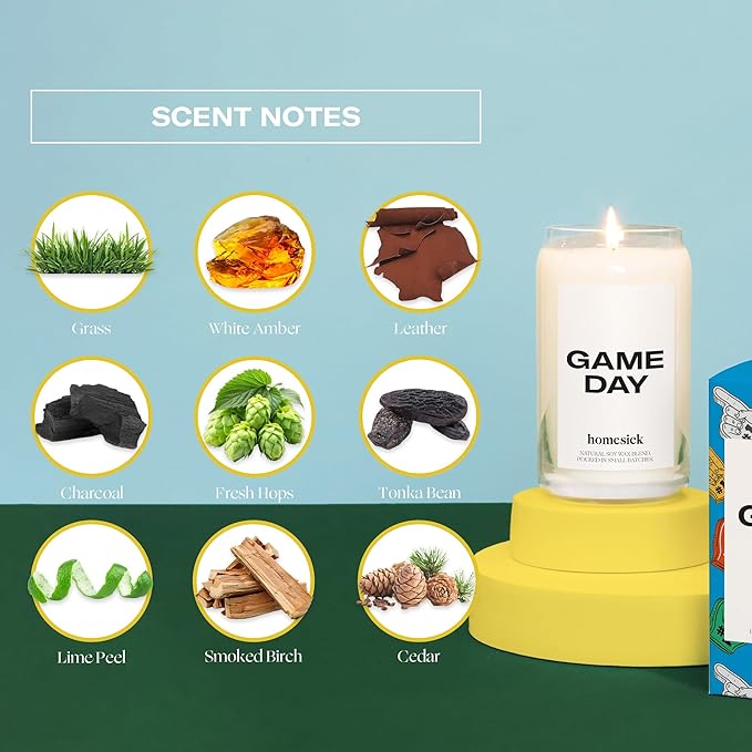 Homesick Scented Candles for Home (Game Day) - 13.75 oz Long-Lasting Soy Wax Blend Jar Candle Gifts for Women & Men, 60-80 Hours Burn Time - Notes of White Amber, Tonka Bean & Smoked Birch