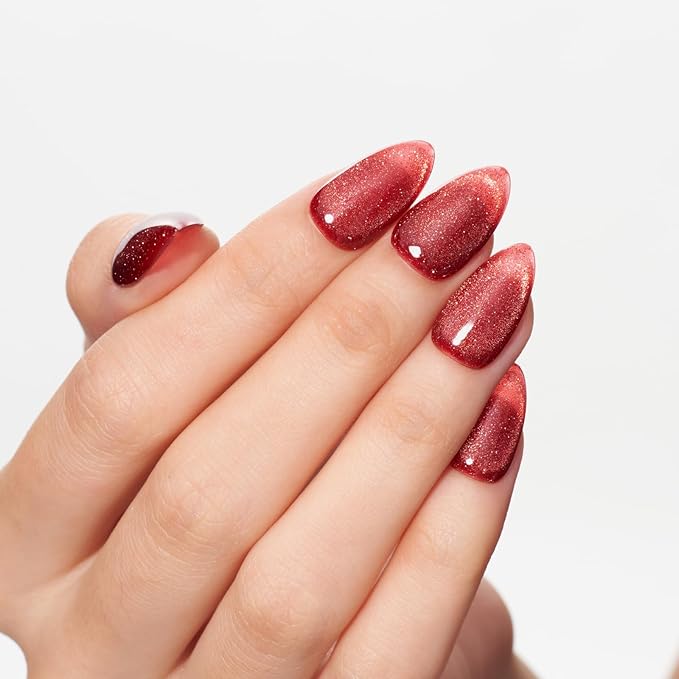 GLAMERMAID Bright Red Magnet Cat Eyes Press on Nails Short Almond, Amber Scarlet Handmade Gel Fake Nail Kit, Ombre Glitter Magnetic Glue on Nail Stiletto, Medium Oval Stick on False Nail Set for Women