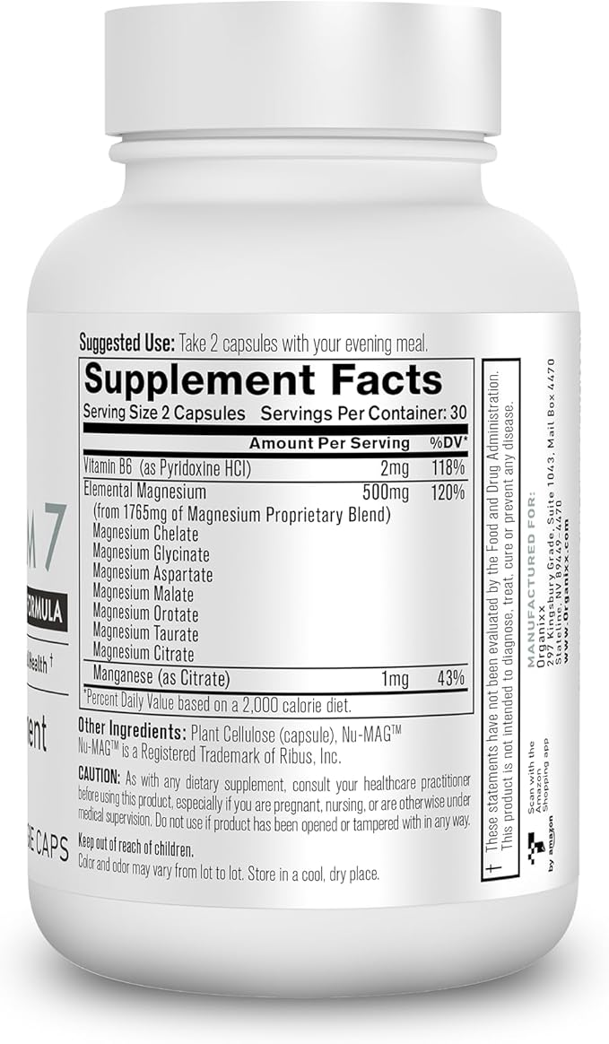 Organixx Magnesium Glycinate Supplement for Support Sleep, Muscle & Heart Health, 7 Type Magnesium Complex with Vitamin B6, Manganese Citrate, Gluten Free, Vegan, Non GMO, High Absorption, 60 Capsules