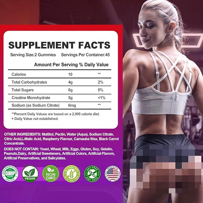 Creatine Monohydrate Gummies Infused with 5g Creatine for Men and Women, Chewable Creatine Monohydrate for Muscle Strength, Muscle Builder, Energy Boost, Pre-Workout Supplement-Raspberry 180 Count