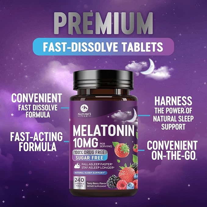 Melatonin 10mg Fast Dissolve Supplements, Sleep Support Supplement for Adults - Extra Strength 10 mg Melatonin Tablet for Restful Sleep Support, Strawberry Flavor, Sugar-Free Non-GMO - 240 Tablets