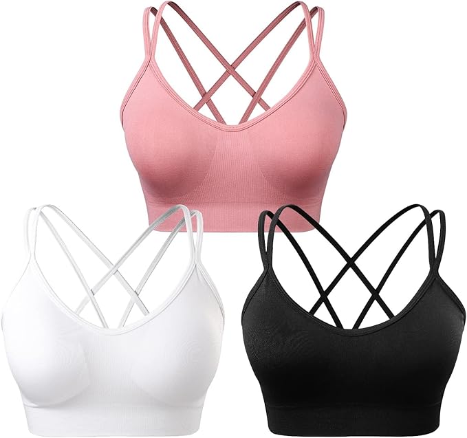 Women's Cross Back Sports Bra Padded Strappy Medium Support Yoga Bra for Workout Fitness 3 Pack