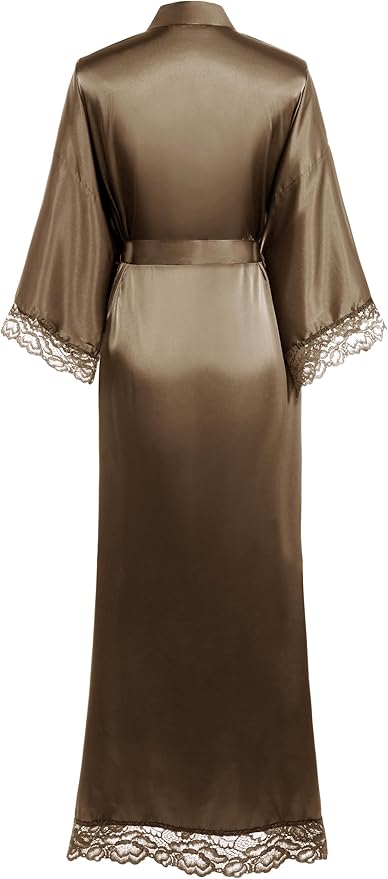 BABEYOND Satin Kimono Robe Silky Long Bridesmaid Wedding Lightweight Bath Robe with Lace Trim