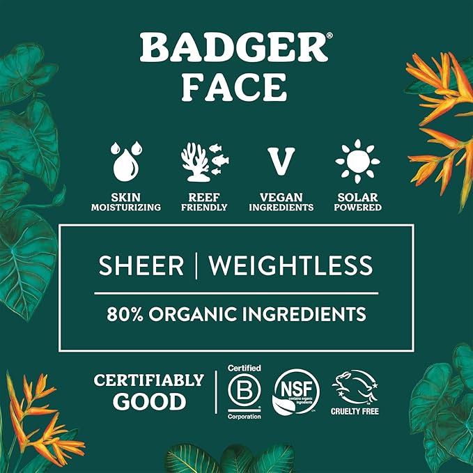 Badger Zinc Oxide Face Sunscreen SPF 30, Lightweight Mineral Sunscreen for Face, Matte Finish, No White Cast, Vegan, Water Resistant, Unscented, Mineral Sunblock Lotion, 1.7 fl oz, 2-Pack