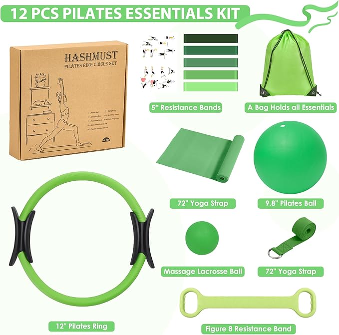 HASHMUST Pilates Ring Kit 12 PCS for Women, Home Workout Equipment with Magic Circle, Mini Exercise Ball, Resistance Bands, Massage Lacrosse, Yoga Strap, Full-Body Fitness Set for Toning & Gift