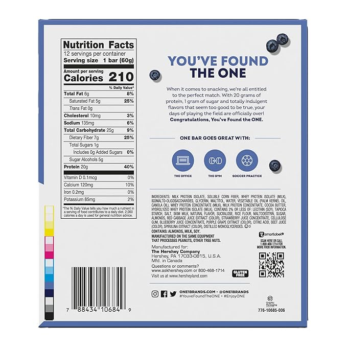 ONE Protein Bars, Blueberry Cobbler, Gluten Free with 20g Protein and 1g Sugar, Pantry Staples, 2.12 oz (12 Count)