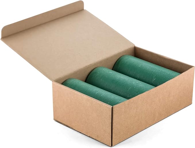 Set of 3 Pillar Candles 3" x 6" Unscented Handpoured Weddings, Home Decoration, Restaurants, Spa, Church Smokeless Cotton Wick - Dark Green