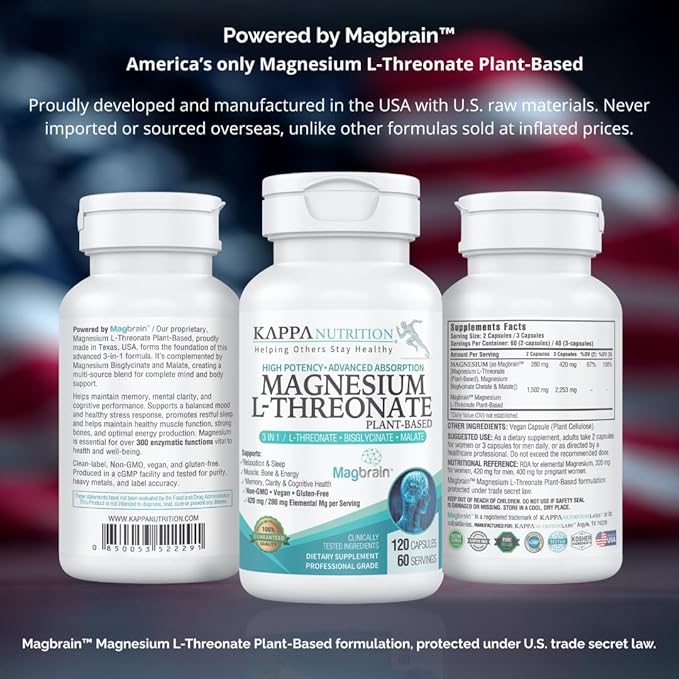 Kappa Nutrition Powered by Magbrain™ Magnesium L-Threonate Plant-Based, 420mg Elemental Magnesium (3 Capsules) from 2,253mg, 120 Vegan Capsules, Brain, Sleep & Muscle Support.