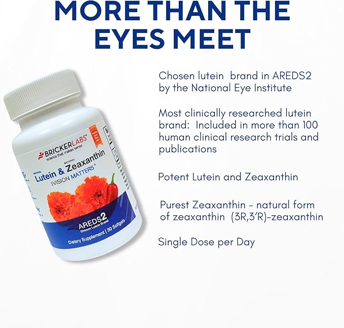 Bricker Labs Natural Lutein + Zeaxanthin Eye Supplement – Supports Eye, Brain, and Skin Health with Macular Carotenoids, Superior Bioavailability, AREDS2 Chosen Lutein Source – 60 Soft Gels