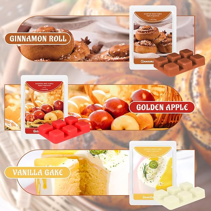 SCENTORINI Wax Melts, Fall Scented Wax Melts, 6 Pack, Cinnamon Roll, Salted Caramel Cream, Marshmallow Dreams, Sicilian Lemon, Golden Apple, Vanilla Cake