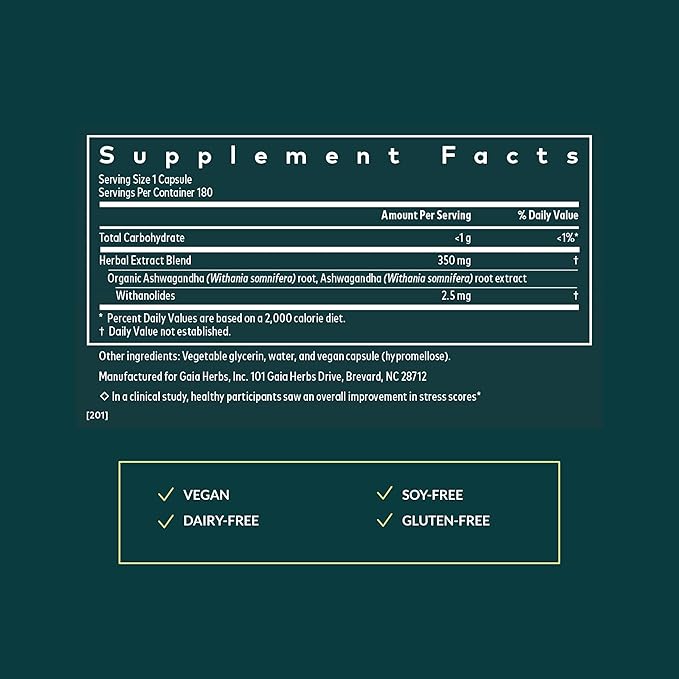 Gaia Herbs Ashwagandha Root - Stress Relief & Sleep Support Supplement - Supports Balanced Energy Levels & Positive Outlook* - 180 Vegan Liquid Phyto Capsules (90-Day Supply)