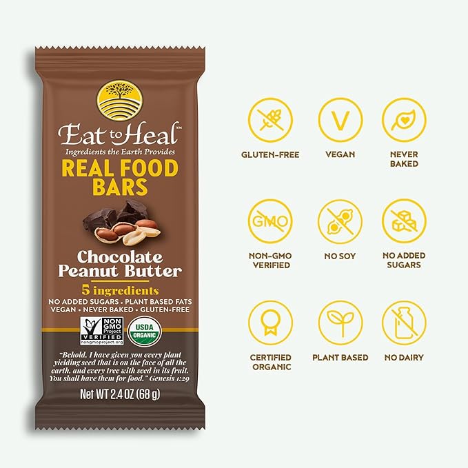 EatToHeal Chocolate Peanut Butter Real Food Bar - Organic Vegan Healthy Gluten Free Protein Bars - Low Sugar Meal Replacement Bar, Non GMO, Never Baked, Plant Based - Crafted to Enjoy