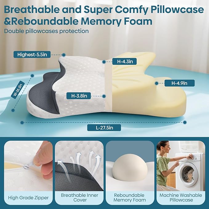 Cervical Pillow for Neck & Shoulder Pain Relief Sleeping - Ergonomic Contour Pillows - Memory Foam Pillow for Side, Back & Stomach Sleepers