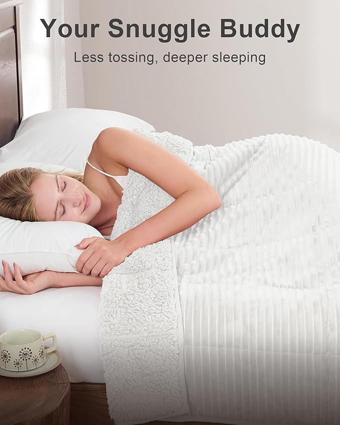 Sherpa Fleece Adult Weighted Blankets 20lbs with Ribbed Stripes, Dual Sided Fuzzy Warm Blanket for Couch Bed Sofa, Heavy Thick Blankets with Ceramic Beads Great for Sleep, White, 60" x 80"