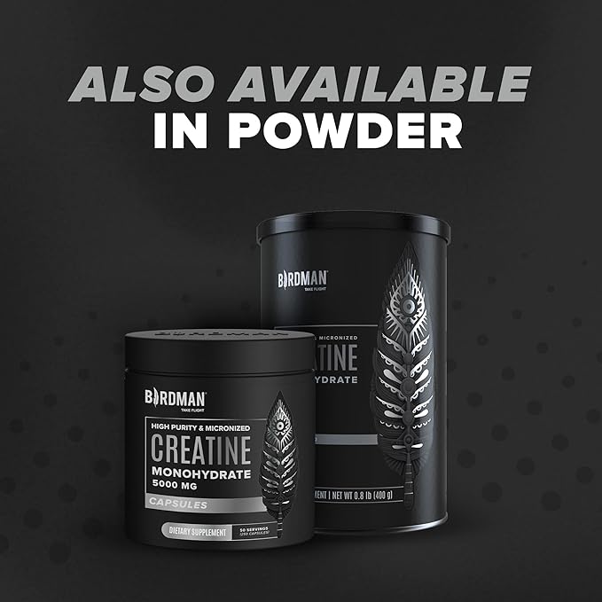 BIRDMAN Micronized Creatine Monohydrate Capsules for Muscle Growth & Recovery, Pre & Post Workout, Vegan Creatine, Caffeine Free, Gluten Free, Sugar Free | 50 Servings | 250 Capsules