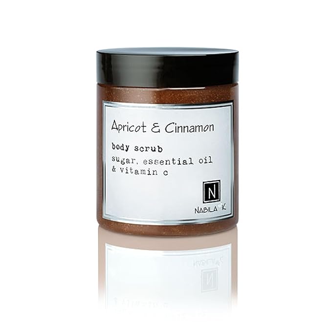 Apricot & Cinnamon Body Scrub Made in USA with Essential Oil and Vitamin C by Nabila K - Exfoliate and Moisturize for Smooth Skin - Luxury for Women & Men, 3 oz