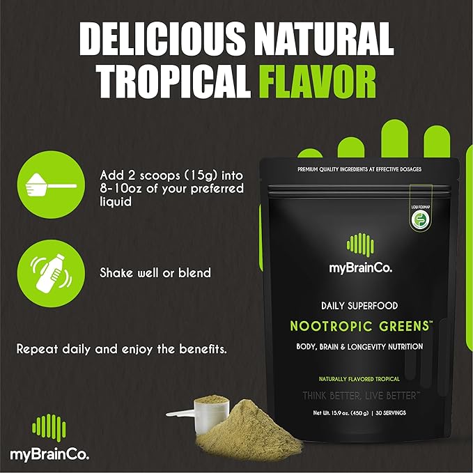 myBrainCo. Nootropic Greens - Premium All-in-One Body, Brain & Longevity Optimization Nutrition. Organic Greens & Superfoods, Alpha-GPC, L-Theanine, Lionβs Mane, TMG, NR, NAC & More. (15.9 oz)