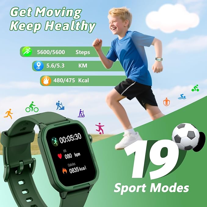 Kids Smart Watch for Boy Girl, Kids Watches with 19 Sport Modes, Heart Rate, Sleep Monitor, Pedometer, Alarm Clock, IP68 Waterproof Fitness Tracker, Gift for 6-16 Year Old Boys Girls Toys (Green)