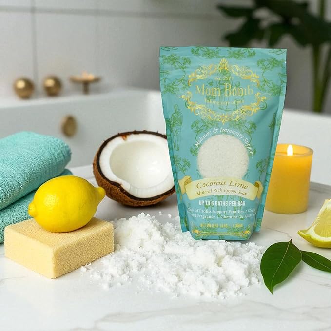 Mom Bomb Coconut Lime Epsom Salt Bath Soak – Natural Magnesium Salt with Essential Oils – Relaxing Aromatherapy for Stress Relief, Muscle & Foot Soak – Made in USA, 48 Ounce