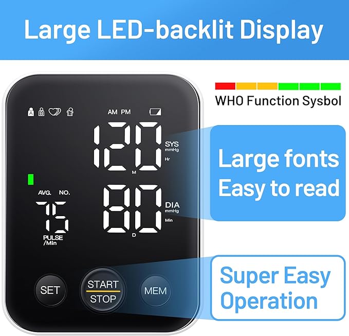 Blood Pressure Monitor Upper Arm Machine Accurate Adjustable Manual BP Cuff Kit Led Backlit Display 2 Users 240 Sets Memory Includes Storage Bag Black