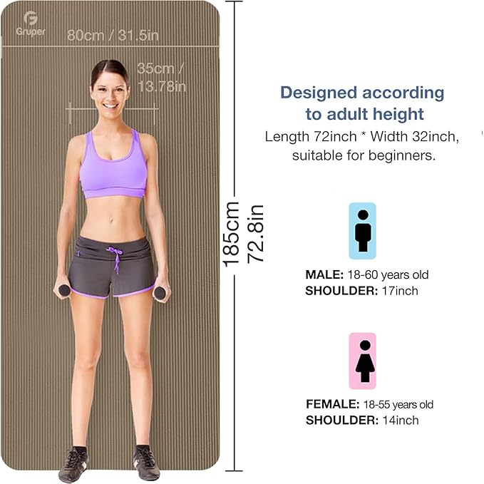 Yoga Mat Non Slip NBR Thick Yoga Mat, 72"L x 32"/24"W x 0.6"/0.4"TH (185cm x 80cm/61cm x 15mm/10mm), Anti-Tear Exercise Mat with Carrying Strap and Bag, Workout Mats for Yoga, Pilates, Floor Exercises