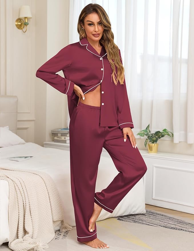 Veseacky Womens Satin Pajama Set Silk Pjs Button Down Long Sleeve Sleepwear Loungewear Sleepwear 2 Piece Pjs Set S-XXL
