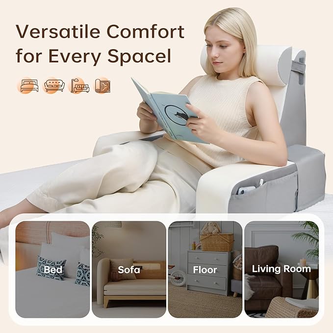 Vekkia 21" Reading Pillow with Adjustable Arms & Headrest – Zoned Foam Support, XL Side Pockets, Removable Cover, Back Support Chair for Reading, Gaming, Post-Surgery Recovery in Bed or Floor