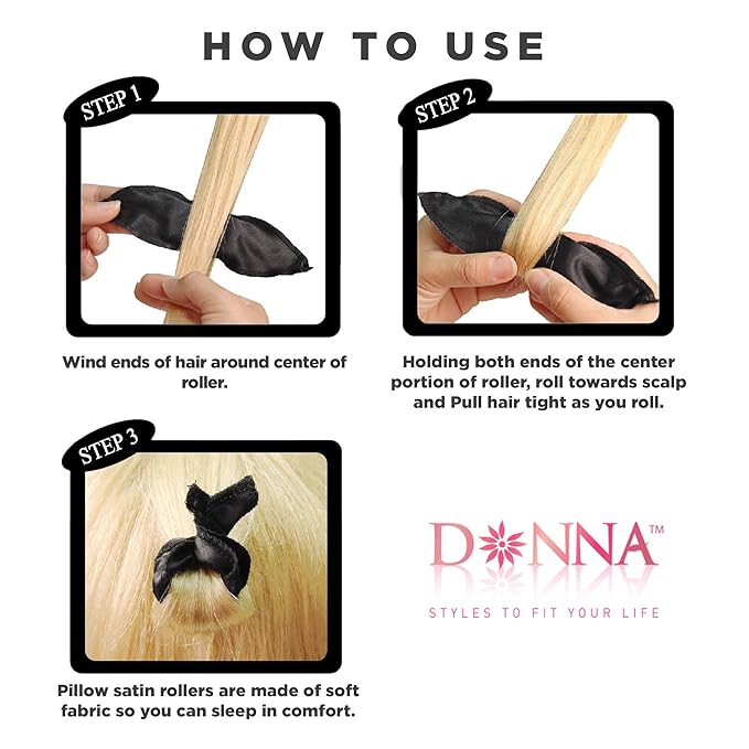 DONNA Satin Pillow Rollers Large 10pcs Foam Rollers for Heatless Hairdressing and Styling with Hair Clips - BLACK