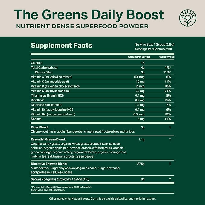 Proper, The Greens Daily Boost Organic Greens Powder. Whole Food, Apple Flavour Veggie Powder Superfood with Wheatgrass, Spirulina, Chlorella, Probiotics. Daily Drink Mix for Wellness and Digestion