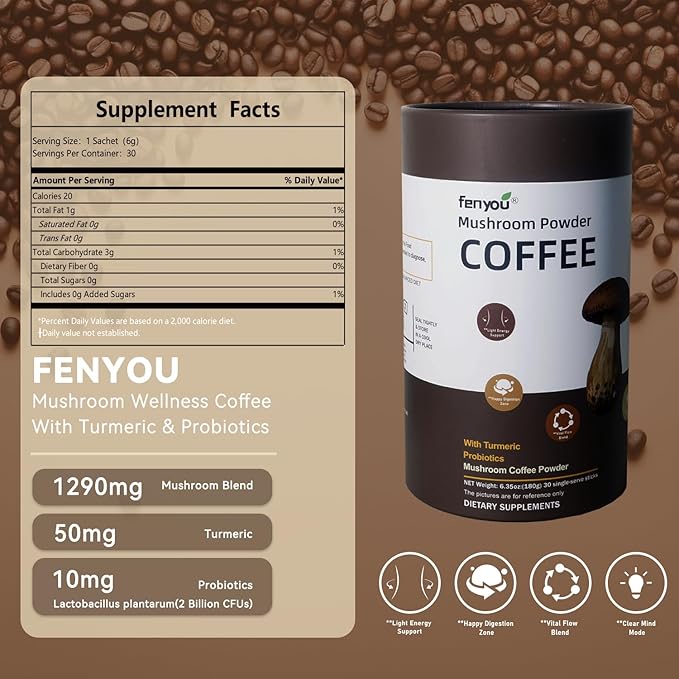 Organic Mushroom Coffee with Cordyceps, Shiitake, Chaga & 3 Other Mushrooms + Turmeric Powder – Gourmet Arabica Instant Coffee for Vitality & Wellness, 30 Servings (180g/6.35oz)